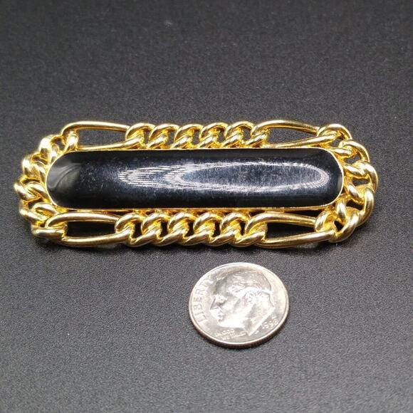 Vintage Monet Black Enamel Brooch, Gold Plated, Chain Design - Picture 8 of 10